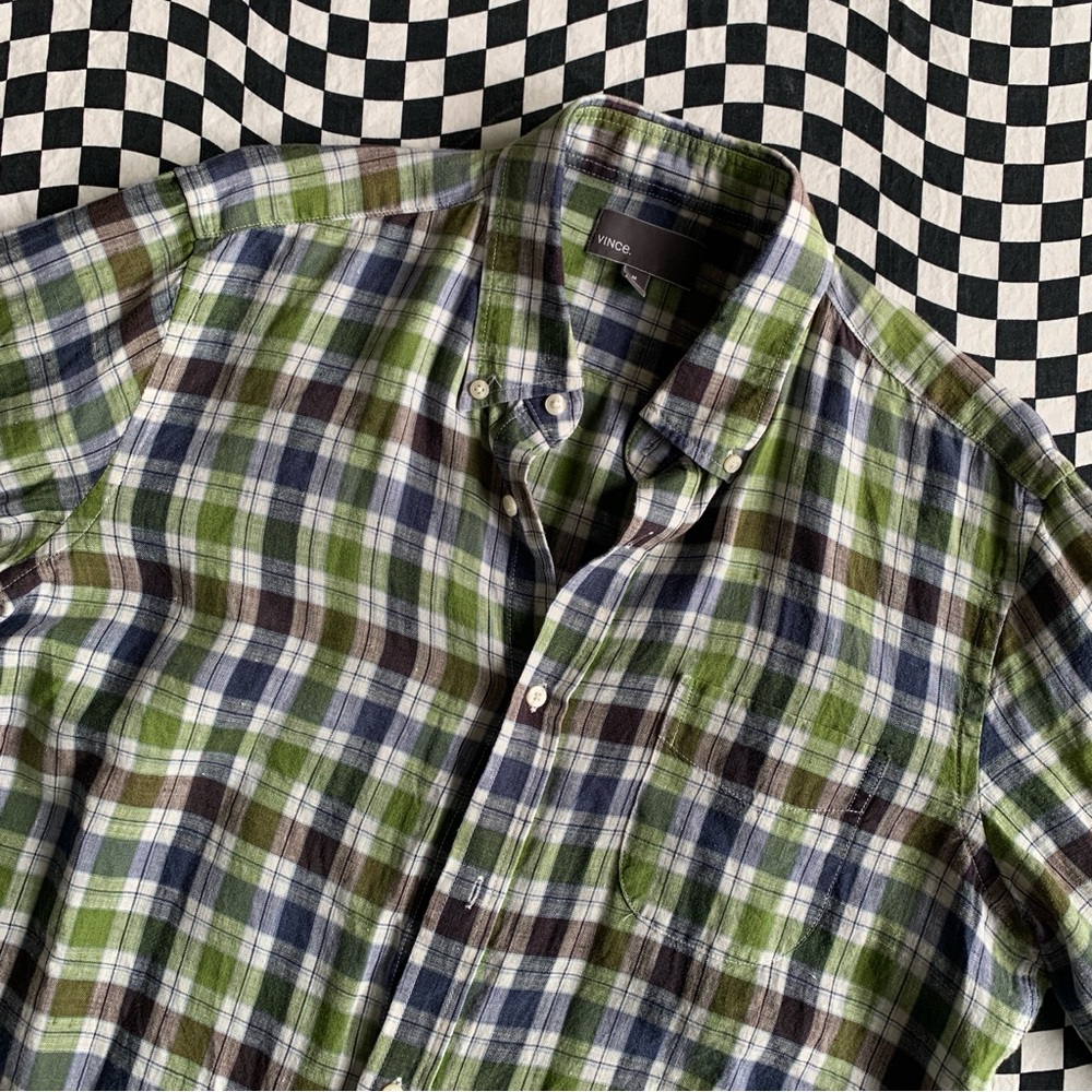Vince Green Blue White Linen Check Shirt Size Medium